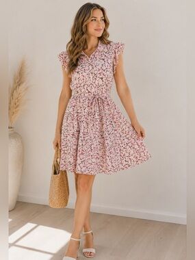 JESSAKAE Pink Floral Tie Waist Dress Cottagecore Ruffle Collar Medium